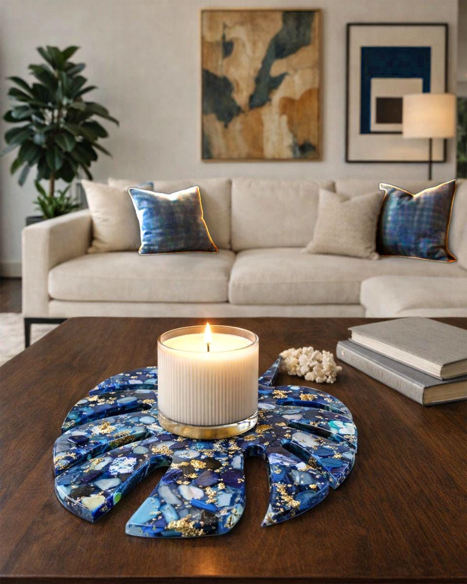 Blue Seashell Chip Monstera Leaf Tray