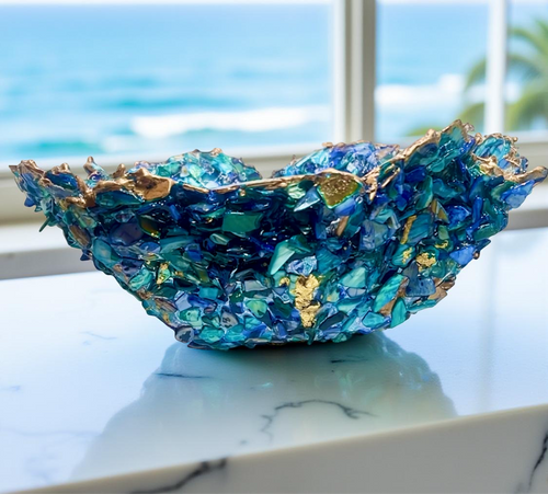 Blue Coastal No. 5 Resin and Crushed Seashell Bowl